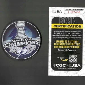 Yanni Gourde Signed Tampa Bay Lightning 2021 Stanley Cup Champs Puck JSA COA