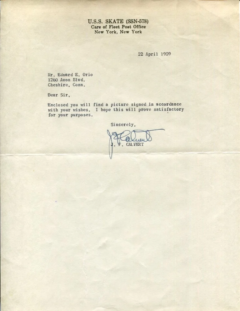 Admiral James F. Calvert USS Skate Naval Academy Superintendent Signed Autograph