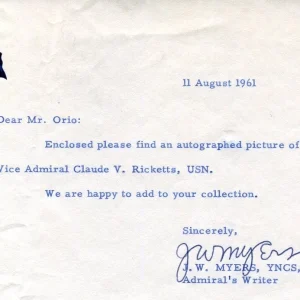 J. W. Myers YNCS US Navy Admiral Claude Ricketts Staff Signed Autograph Note