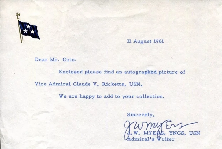 J. W. Myers YNCS US Navy Admiral Claude Ricketts Staff Signed Autograph Note