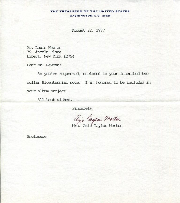 Azie Taylor Morton Treasurer of the United States Signed Autograph Letter