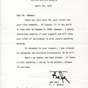 Bob Dole US Senator Kansas Rep WWII 10th Mountain Div Signed Autograph Letter