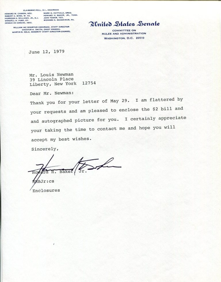 Howard Baker US Senator White House Chief of Staff Ambassador Signed Autograph