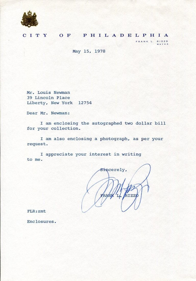 Frank Rizzo Mayor of Philadelphia Police Commissioner Signed Autograph Letter