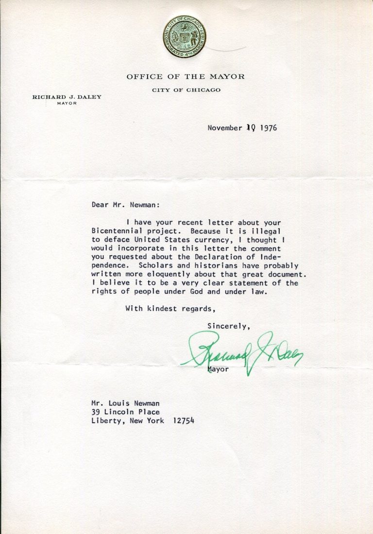 Richard J. Daley Major Of Chicago Signed Autograph Letter