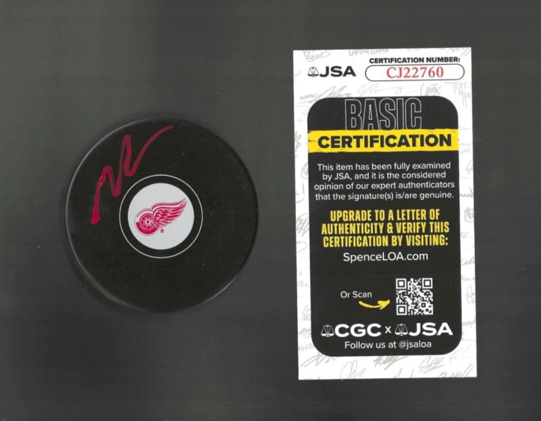 Marco Kasper Signed Detroit Red Wings Puck Signed In Red JSA COA