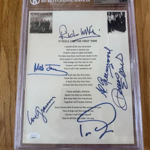 SIGNED Foreigner Feels Like Lyric Sheet X6 JSA Gramm Jones Wills Elliott Ian Al