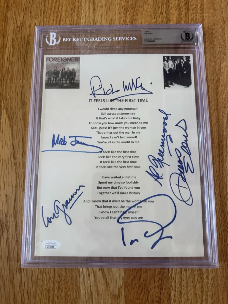 SIGNED Foreigner Feels Like Lyric Sheet X6 JSA Gramm Jones Wills Elliott Ian Al