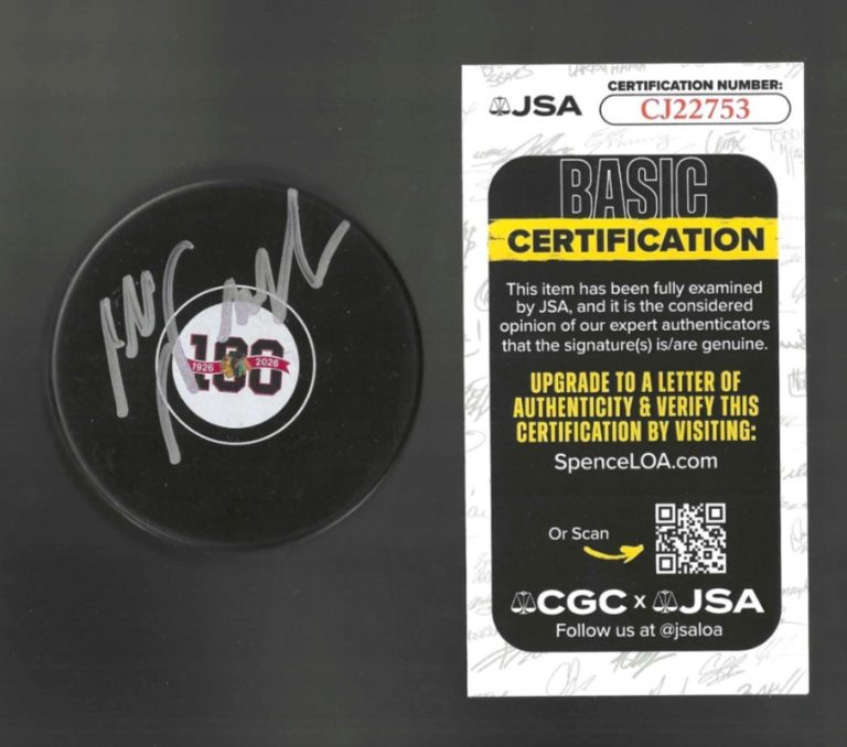 Alain Nasreddine Signed Chicago Blackhawks Centennial 100th Puck JSA COA