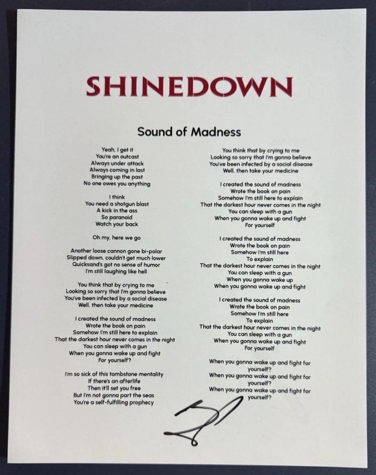 BRENT SMITH SIGNED SHINEDOWN SINGER LYRIC SHEET SOUND OF MADNESS AUTOGRAPH COA