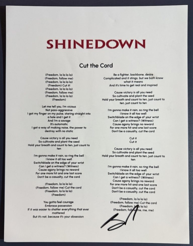 BRENT SMITH SIGNED SHINEDOWN SINGER LYRIC SHEET CUT THE CORD AUTOGRAPH COA