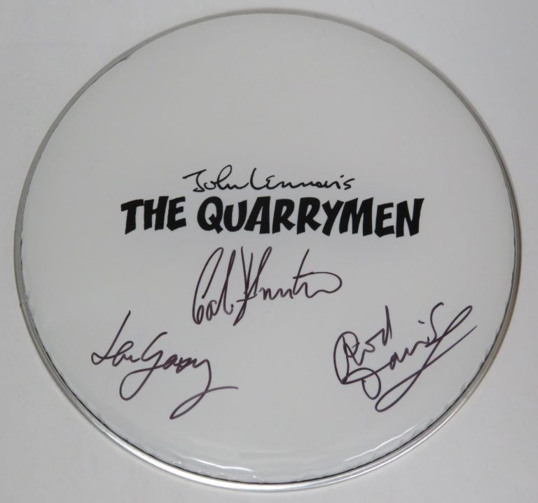 THE QUARRYMEN JOHN LENNON BAND SIGNED AUTOGRAPH 13″ DRUMHEAD DRUM HEAD BY 3 JSA COLLECTIBLE MEMORABILIA