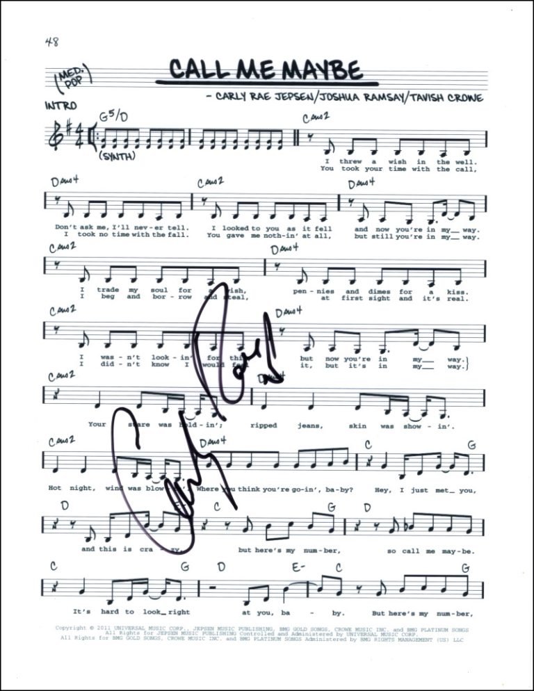 Carly Rae Jepsen Signed Autograph Call Me Maybe Sheet Music - Kiss Emotion