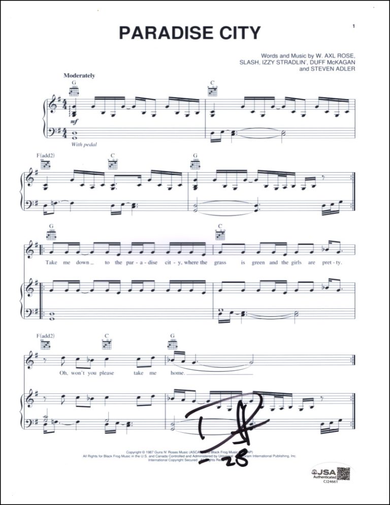 Duff McKagan Signed Autograph Guns N Roses Paradise City Sheet Music w/ JSA COA