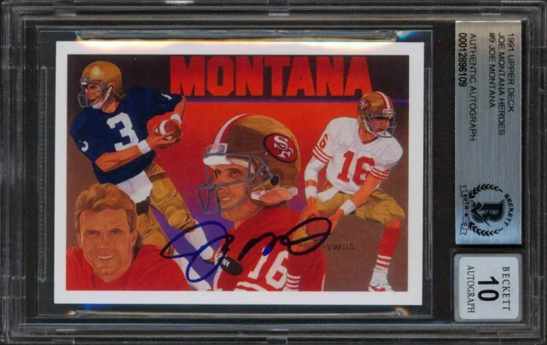 49ers Joe Montana Signed 1991 Upper Deck Heroes #9 Card Auto Graded 10! BAS Slab