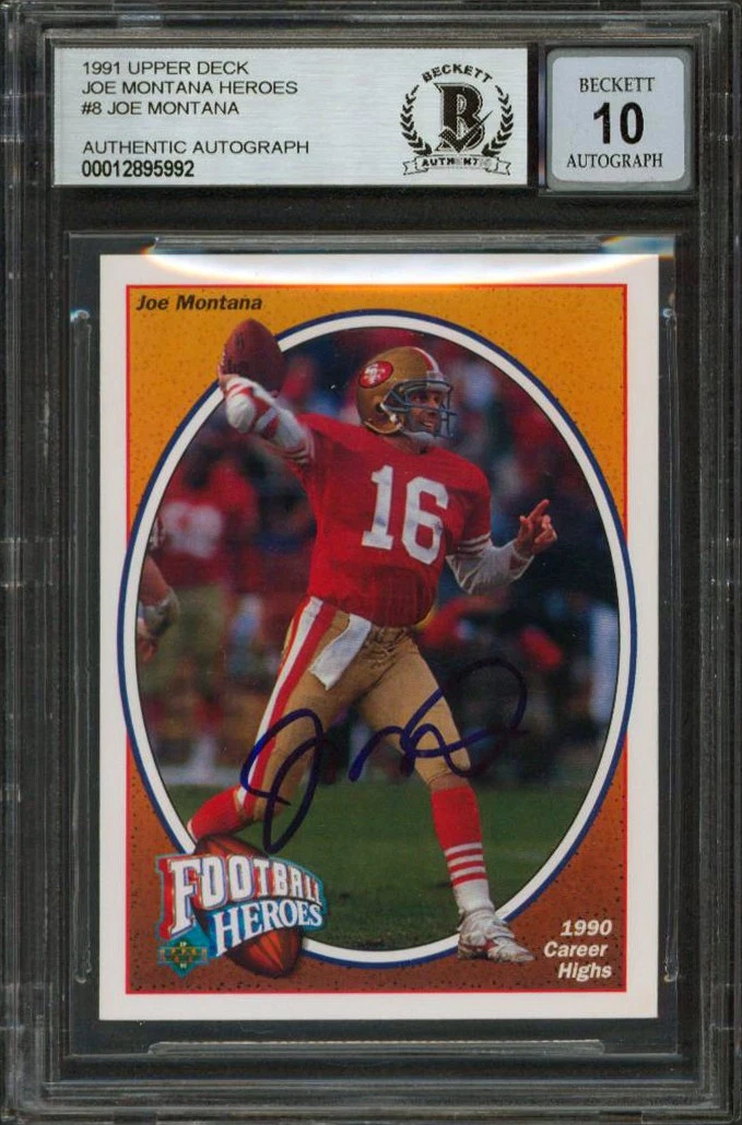 49ERS JOE MONTANA SIGNED 1991 UPPER DECK HEROES #8 CARD AUTO GRADED 10! BAS SLAB COLLECTIBLE MEMORABILIA