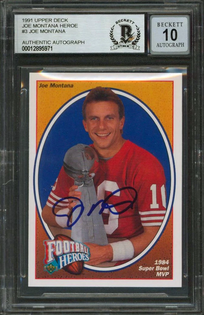 49ERS JOE MONTANA SIGNED 1991 UPPER DECK HEROES #3 CARD AUTO GRADED 10! BAS SLAB COLLECTIBLE MEMORABILIA