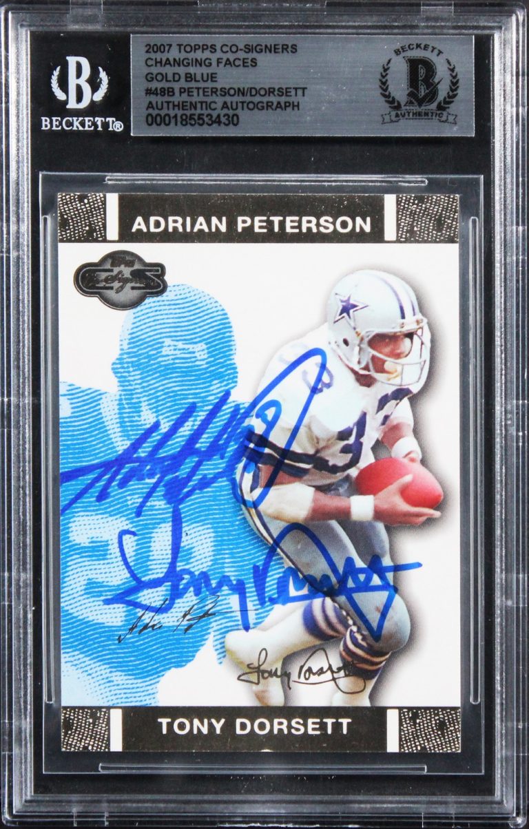 Peterson & Dorsett Signed 2007 Topps Co-Signers CF Gold Blue #48B Card BAS Slab