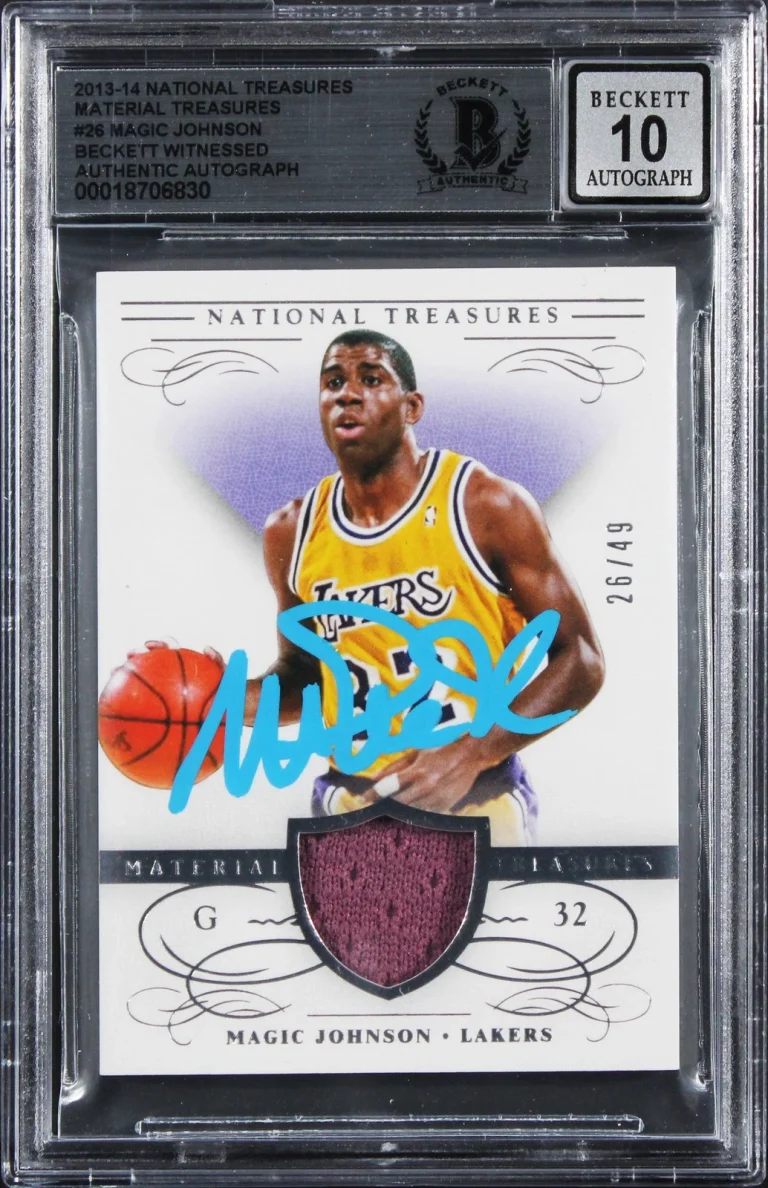 Magic Johnson Signed 2013 NT Mat Treasures #26 #26/49 Card Auto 10! BAS Slabbed