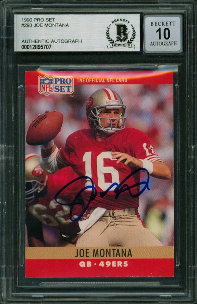 49ers Joe Montana Signed 1990 Pro Set #293 Card Auto Graded 10! BAS Slabbed