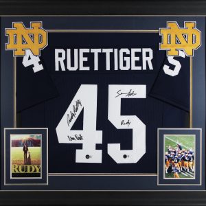 Notre Dame Rudy Ruettiger & Sean Astin Signed Navy Pro Style Framed Jersey BAS W