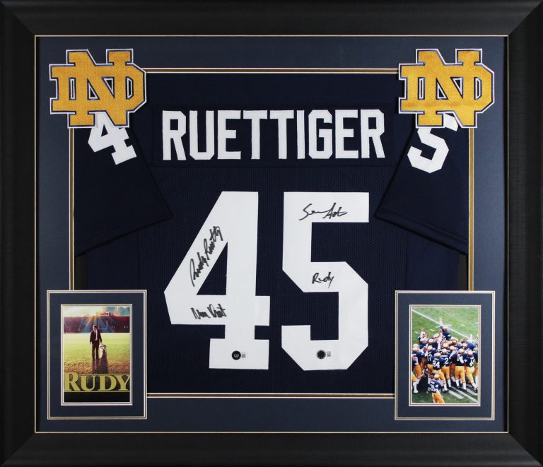Notre Dame Rudy Ruettiger & Sean Astin Signed Navy Pro Style Framed Jersey BAS W