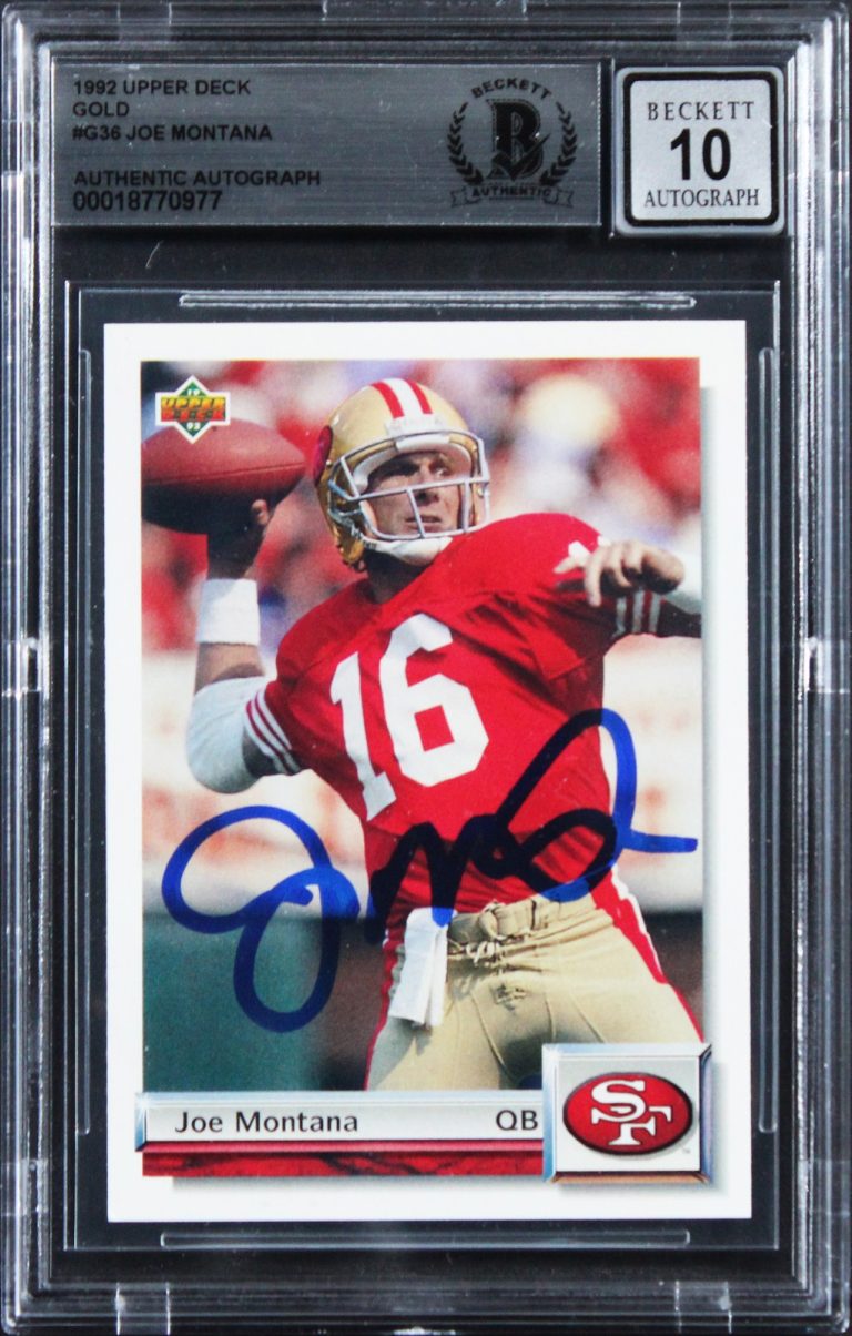 49ERS JOE MONTANA SIGNED 1992 UPPER DECK GOLD #G36 CARD AUTO GM 10! BAS SLABBED COLLECTIBLE MEMORABILIA