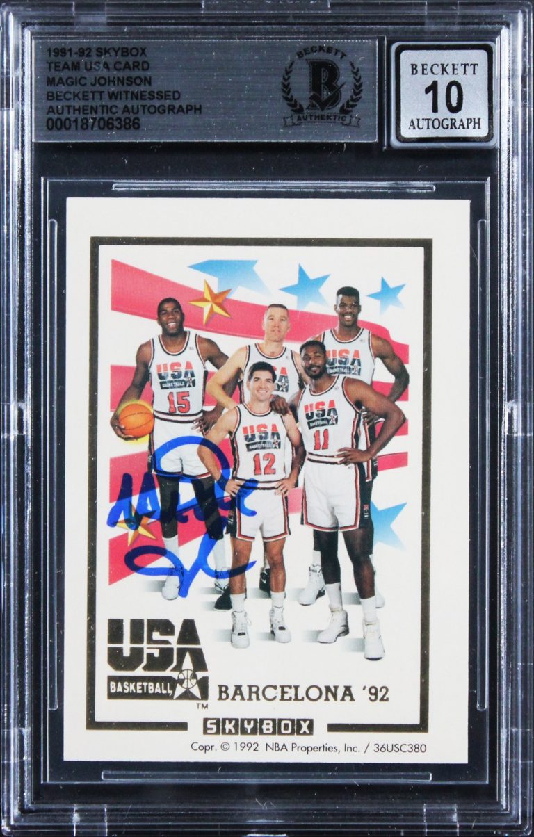 Lakers Magic Johnson Signed 1991 Skybox Team USA Card Auto Grade 10! BAS Slabbed
