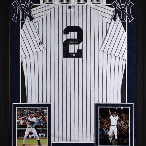 Yankees Derek Jeter Signed White Pinstripe Majestic Framed Jersey BAS #AE64199