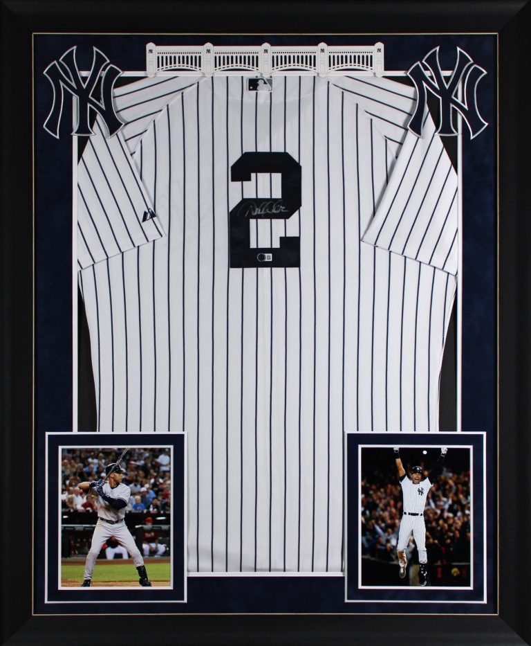 Yankees Derek Jeter Signed White Pinstripe Majestic Framed Jersey BAS #AE64199