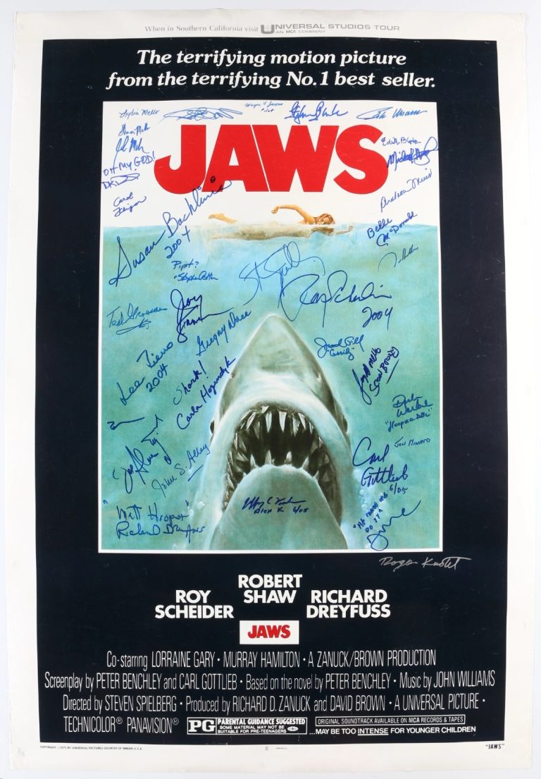 Jaws CAST SIGNED by 35 Poster Roy Scheider Spielberg Dreyfuss 1 OF KIND PROOF