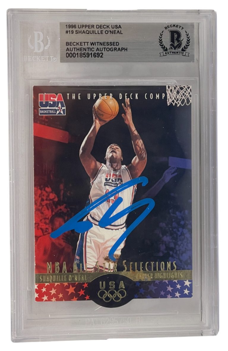 Shaquille O'Neal Signed 1996 Upper Deck USA #19 Dream Team 2 BAS Witness Slabbed