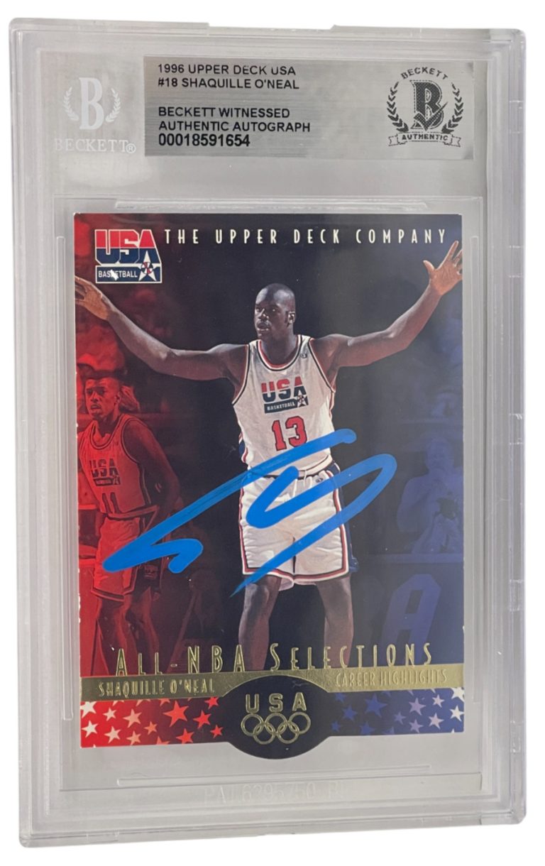 Shaquille O'Neal Signed 1996 Upper Deck USA #18 Dream Team 2 BAS Witness Slabbed