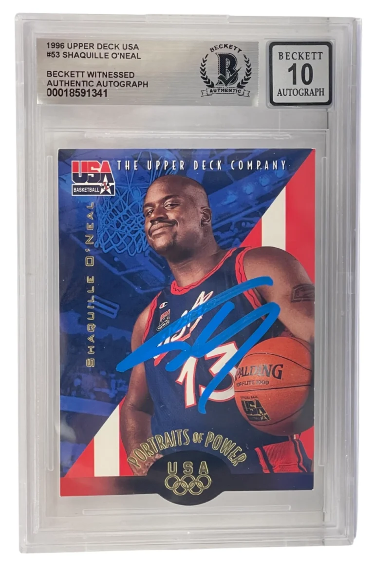 SHAQUILLE O’NEAL SIGNED 1996 UPPER DECK USA #53 BAS SLABBED AUTO GRADE 10 COLLECTIBLE MEMORABILIA