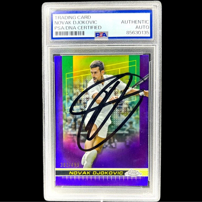 NOVAK DJOKOVIC SIGNED 2024 TOPPS CHROME PURPLE REFRACTOR #1 AUTO /499 PSA