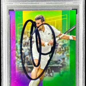 NOVAK DJOKOVIC SIGNED 2024 TOPPS CHROME PURPLE GREEN REFRACTOR #1 AUTO /150 PSA