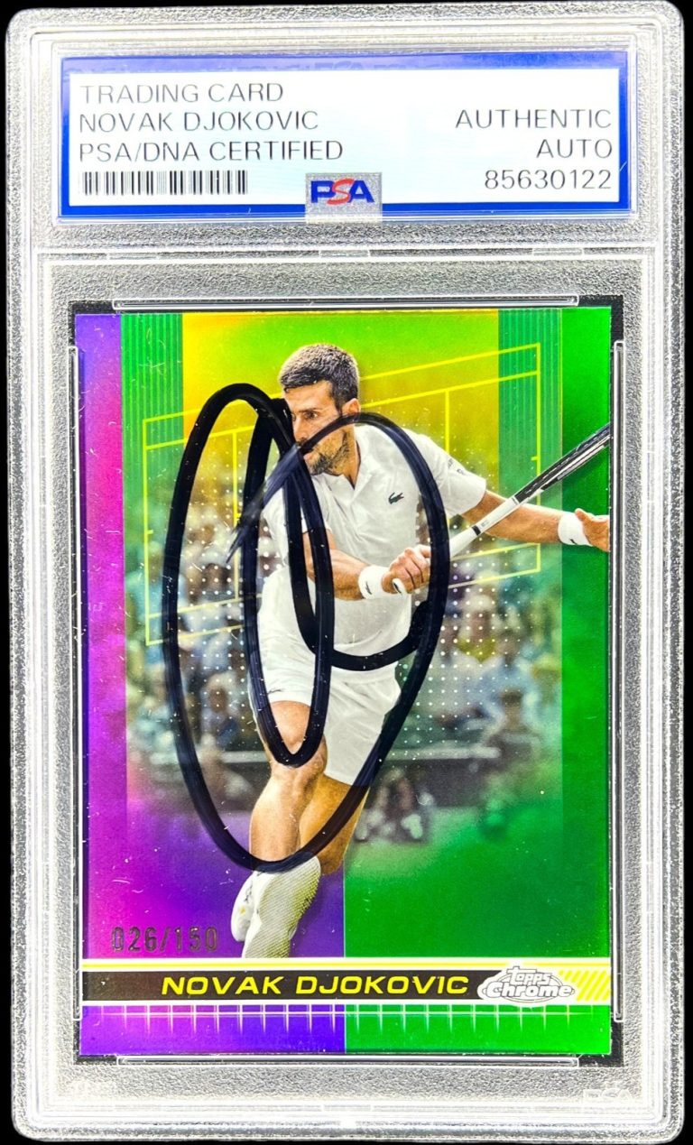 NOVAK DJOKOVIC SIGNED 2024 TOPPS CHROME PURPLE GREEN REFRACTOR #1 AUTO /150 PSA