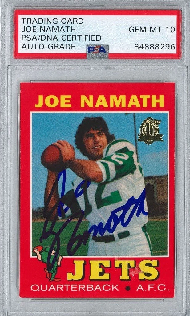 JOE NAMATH SIGNED 1996 TOPPS REPRINT 1971 CARD PSA 84888296 GEM MINT 10 AUTO