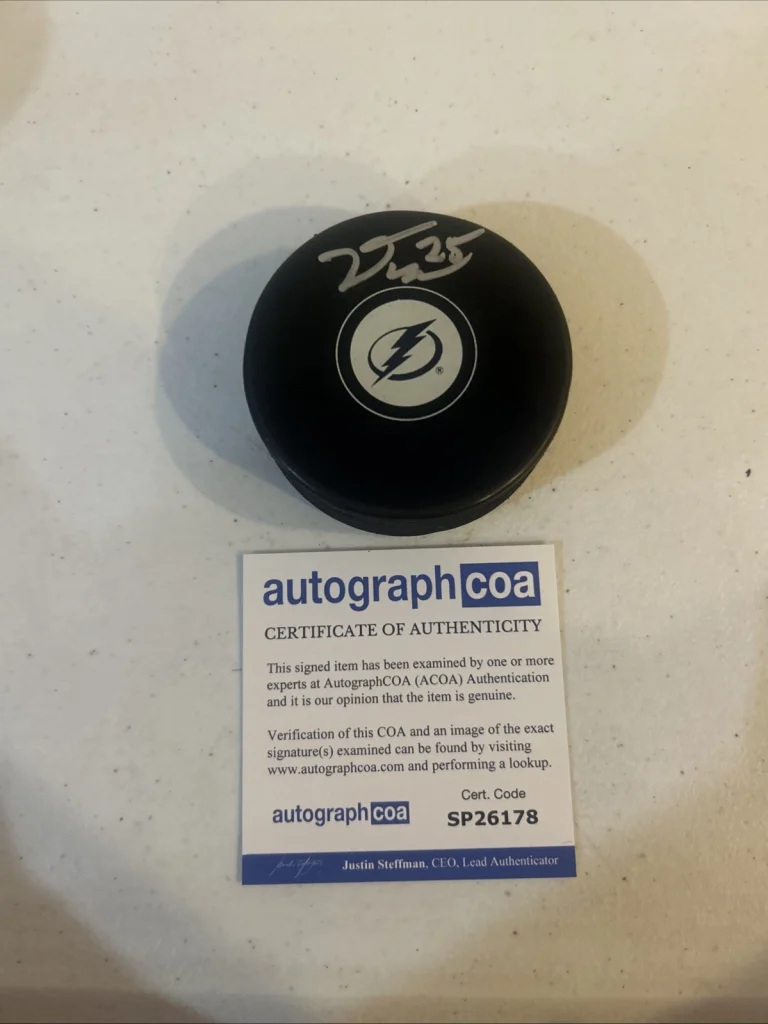 TAMPA BAY LIGHTNING- DYLAN DUKE SIGNED AUTOGRAPH LOGO HOCKEY PUCK ACOA NHL