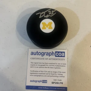 MICHIGAN WOLVERINES- DYLAN DUKE SIGNED AUTOGRAPH HOCKEY PUCK ACOA LIGHTNING