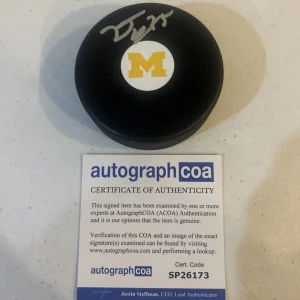 MICHIGAN WOLVERINES- DYLAN DUKE SIGNED AUTOGRAPH HOCKEY PUCK ACOA LIGHTNING