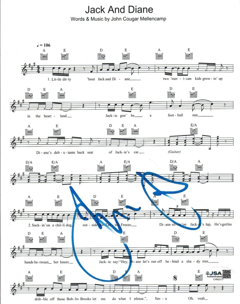 John Mellencamp REAL hand SIGNED Jack and Diane Sheet Music JSA COA Autographed