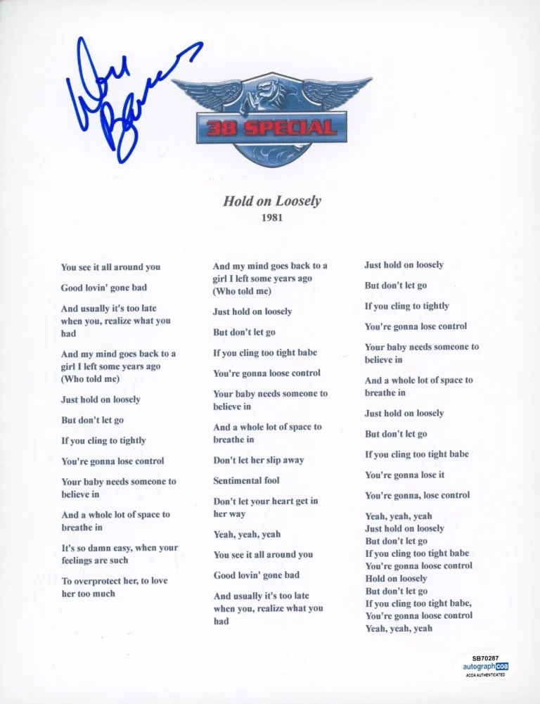 DON BARNES 38 SPECIAL SIGNED AUTOGRAPH LYRIC SHEET HOLD ON LOOSELY ACOA COA
