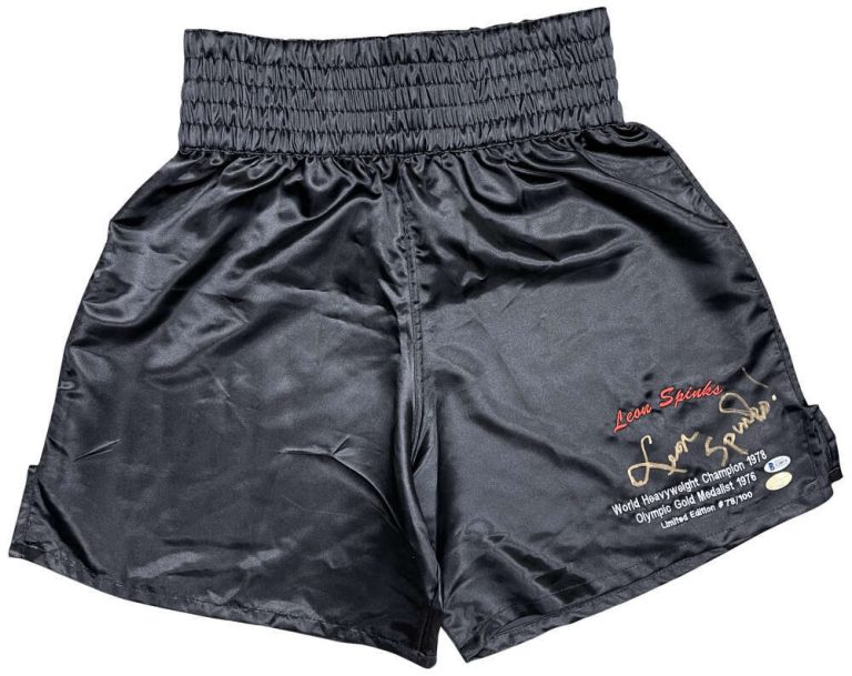 Leon Spinks Signed Personal Model Boxing Trunks Stat Embroidered Beckett BAS