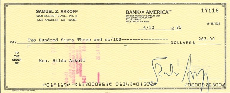 Samuel Z. Arkoff hand SIGNED Personal Check JSA COA Autographed Movie Producer