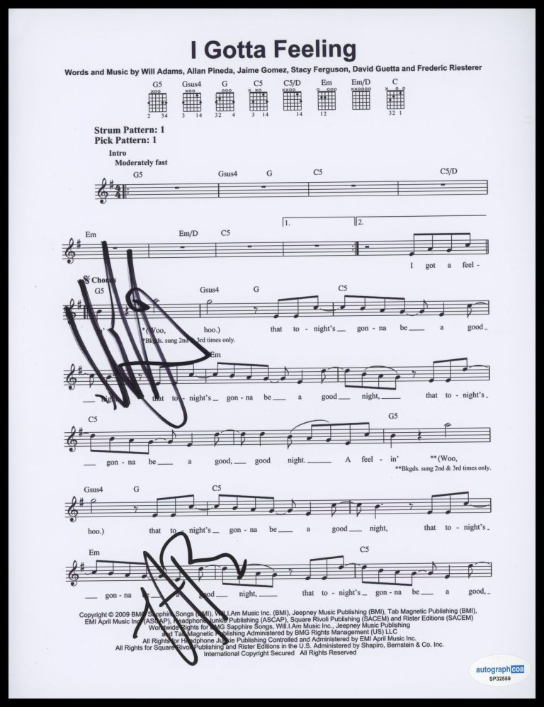 WILL.I.AM & TABOO “BLACK EYED PEAS” SIGNED ‘I GOTTA FEELING’ SHEET MUSIC ACOA COLLECTIBLE MEMORABILIA
