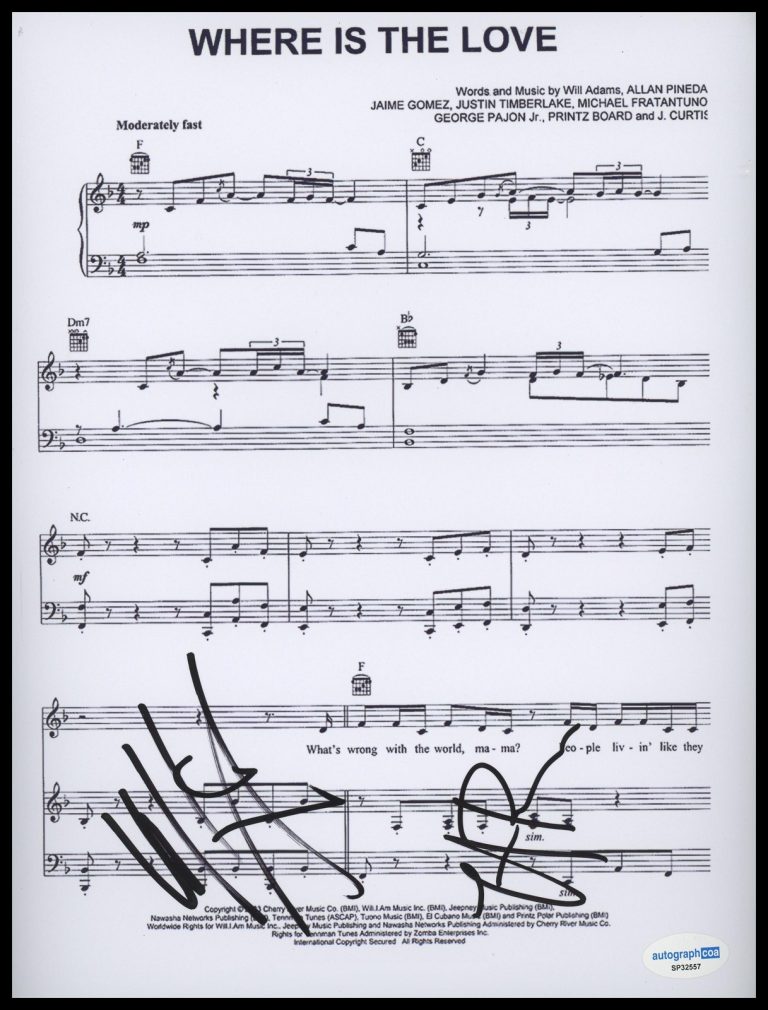 WILL.I.AM & TABOO “BLACK EYED PEAS” SIGNED ‘WHERE IS THE LOVE’ SHEET MUSIC ACOA COLLECTIBLE MEMORABILIA