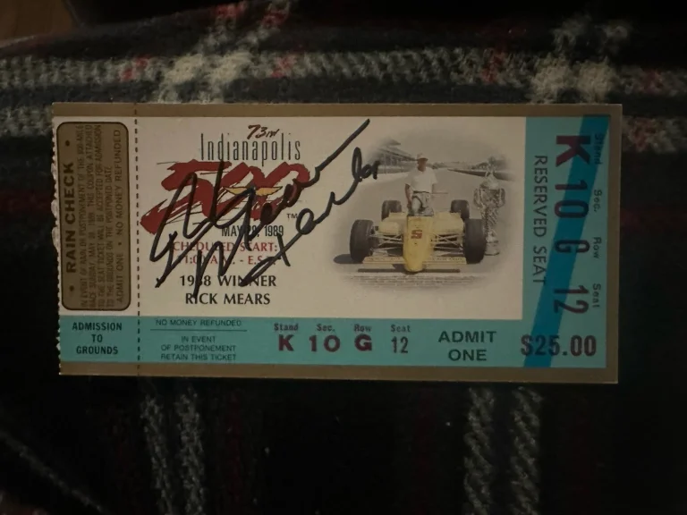 1989 Indy 500 Rick Mears Signed Ticket Stub (1988 Indy Race Winner) Auto
