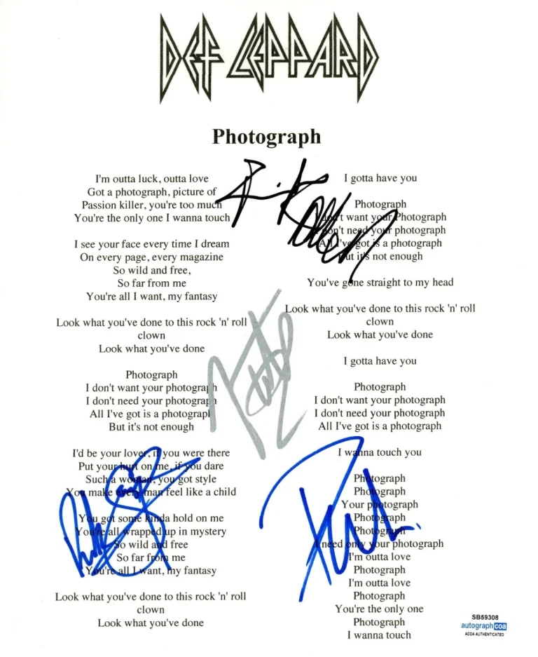 Def Leppard Signed Autograph Photograph Lyric Sheet Joe Elliott Full Band ACOA