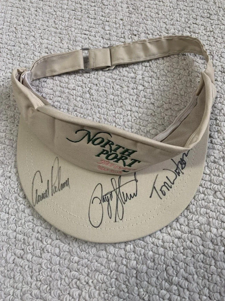 PAYNE STEWART+ARNIE+TOM WATSON HAND SIGNED GOLF VISOR       AWESOME+RARE     JSA